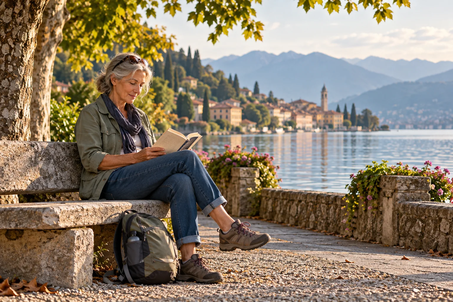 Solo traveller reading on a lakeside bench with a daypack