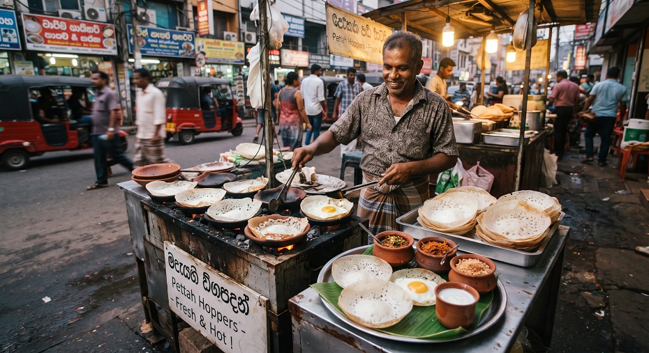 A street-food vendor cooking plain and egg hoppers in small pans, with hoppers and accompaniments ready to serve