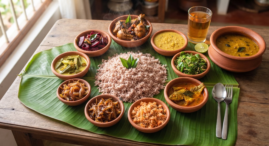 Rice on a banana leaf surrounded by small bowls of Sri Lankan curries and accompaniments