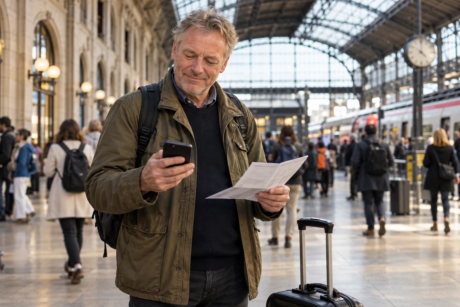 Traveller checking a smartphone and paper itinerary in a railway station