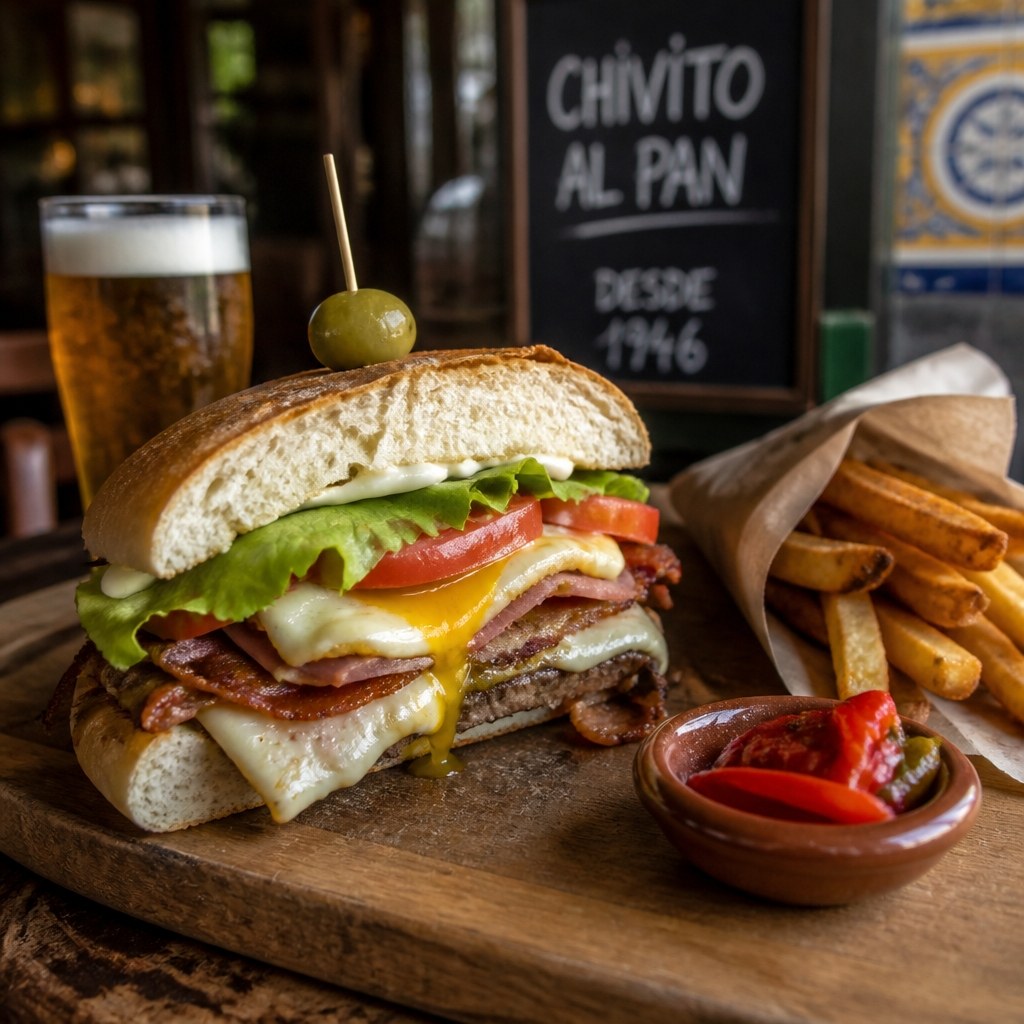 Uruguayan chivito sandwich layered with beef, ham, bacon, cheese, egg, lettuce and tomato, served with fries